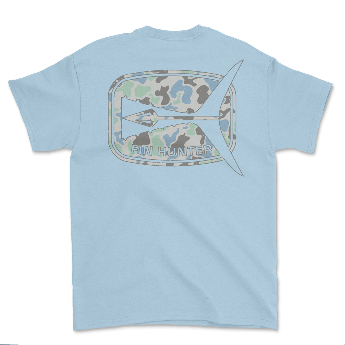 Fin Hunter Tail Blue Camo T-Shirt in Ice Blue, back product view
