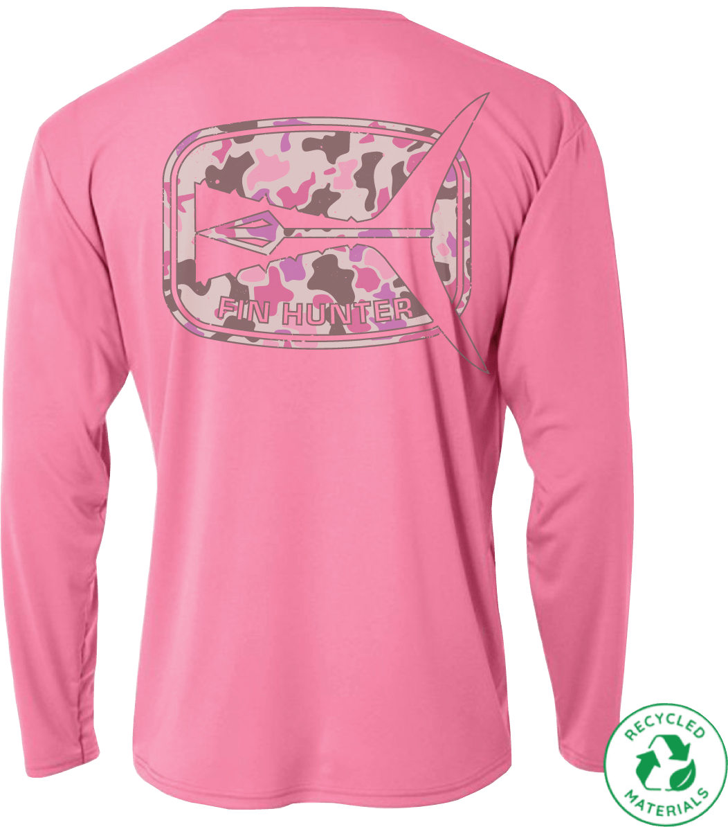 Fin Hunter Tail Pink Camo Sun Shirt, back product view showing the Pink Camo Tail graphic