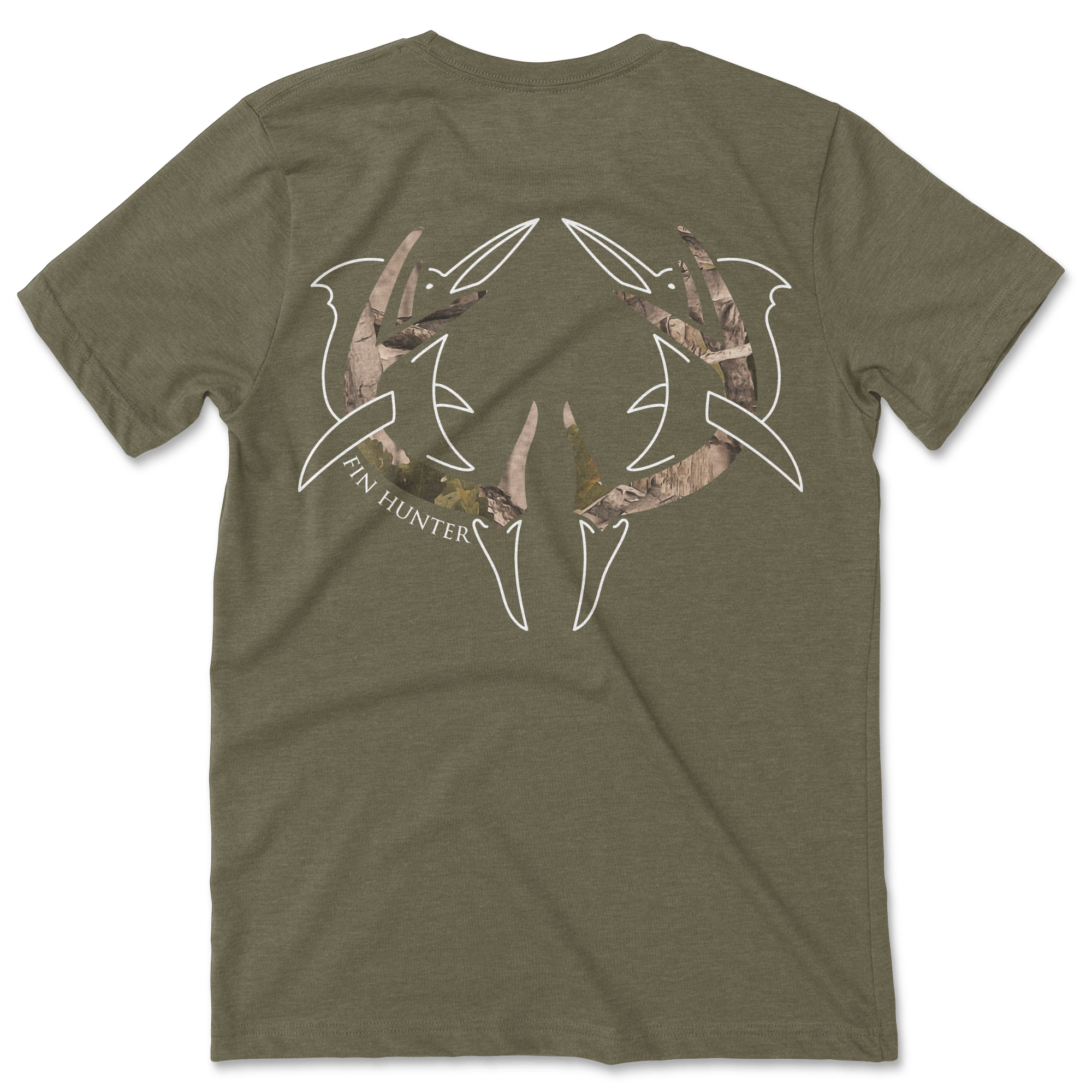 Fin Hunter Camo Marlin Rack T-Shirt in Olive, back product view
