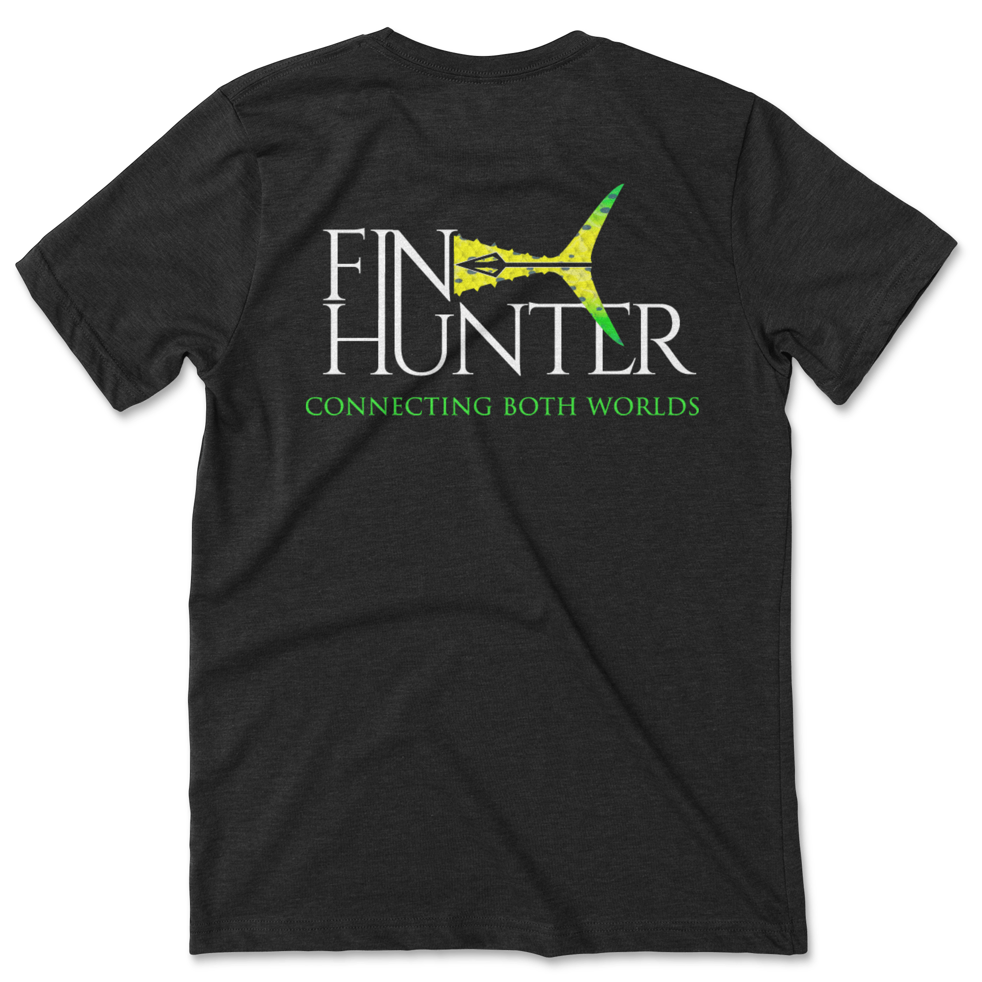 Fin Hunter Mahi Tail T-Shirt in black, back product view showing the colorful mahi tail logo
