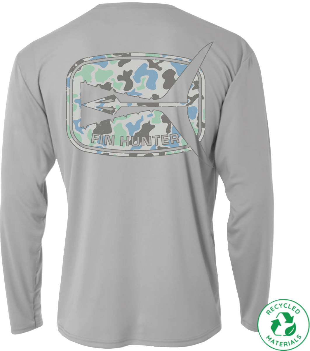 Fin Hunter Tail Blue Camo Sun Shirt in Light Grey, back product view