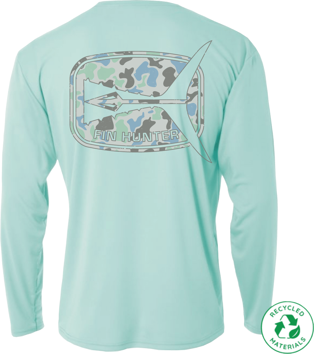 Fin Hunter Tail Blue Camo Sun Shirt in Pastel Mint, back product view